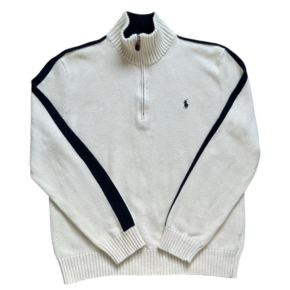 Vintage Polo Ralph Lauren 1/4 Zip Knit Mockneck Crewneck Medium Cream Navy